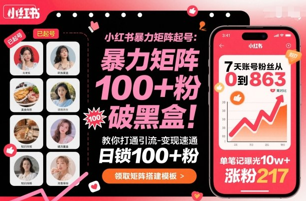 小红书暴力矩阵起号，教你打通引流-变现速通，日锁100+粉，破流量黑盒-小七创业网-短视频自媒体创业项目资源网