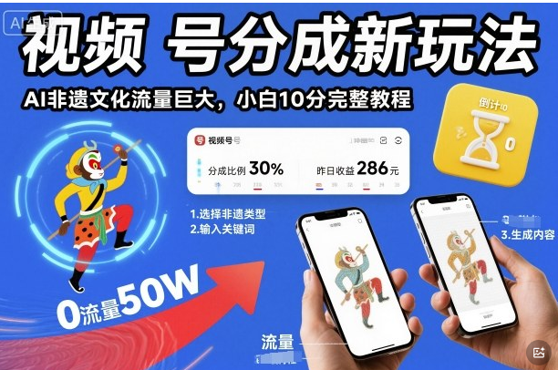 视频号分成新玩法，AI非遗文化流量巨大，小白10分钟搞定，完整教程-小七创业网-短视频自媒体创业项目资源网